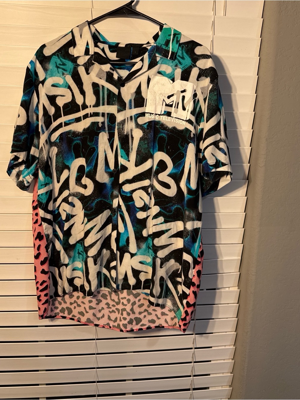 ASOS MTV Graffiti Print Button-Up Shirt in Black, Teal & Pink